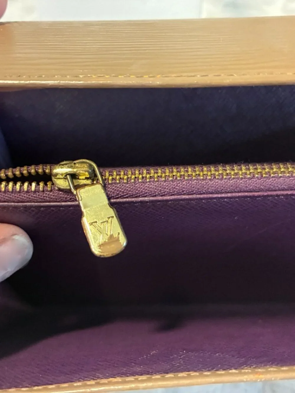 Authentic Louis Vuitton Vintage Epi Leather Long Flap Wallet in Taupe & Purple